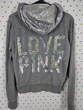 PINK Victoria's Secret Gray Zip Hoodie Silver Sequin LOVE PINK Size M Blling